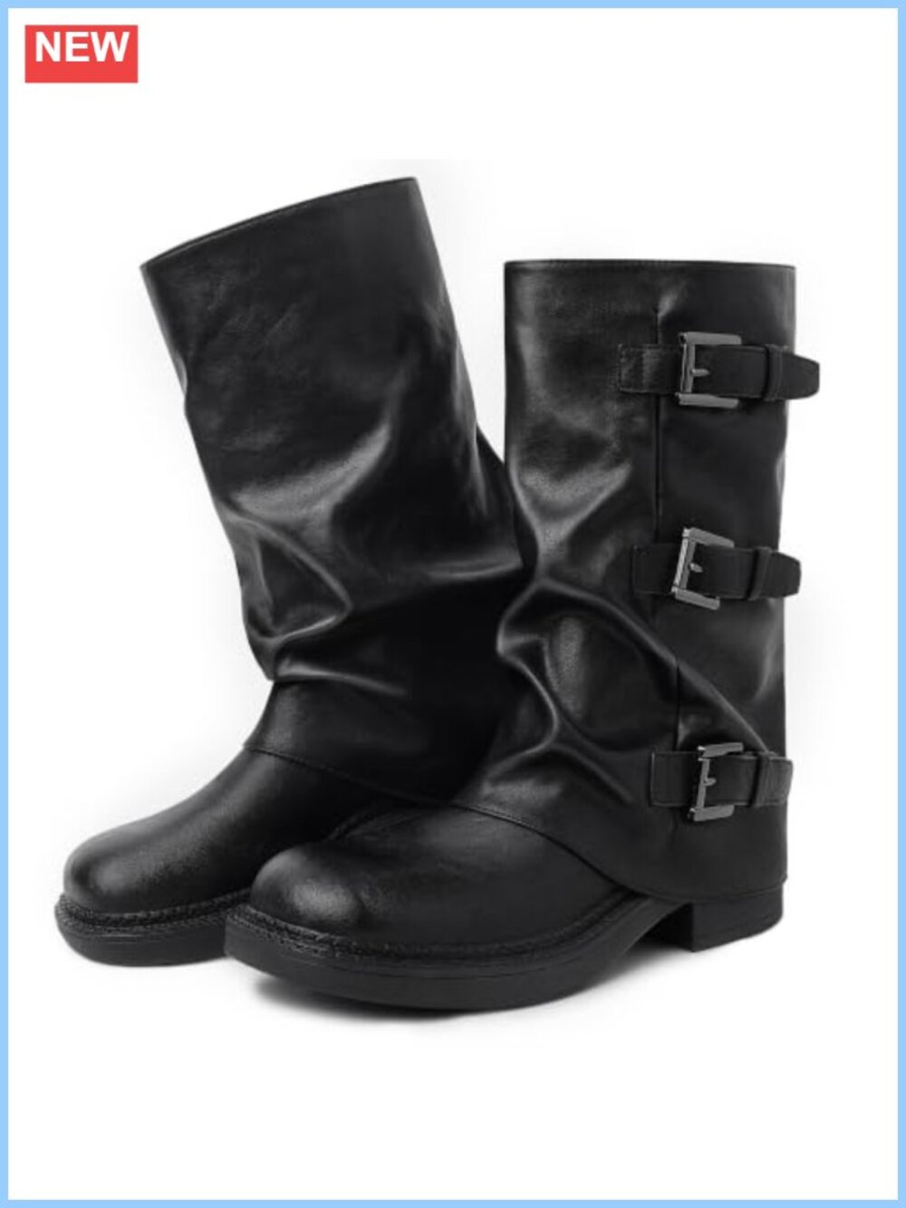 Ruched Mid Calf Boots Chunky Heel Buckle Motorcycle